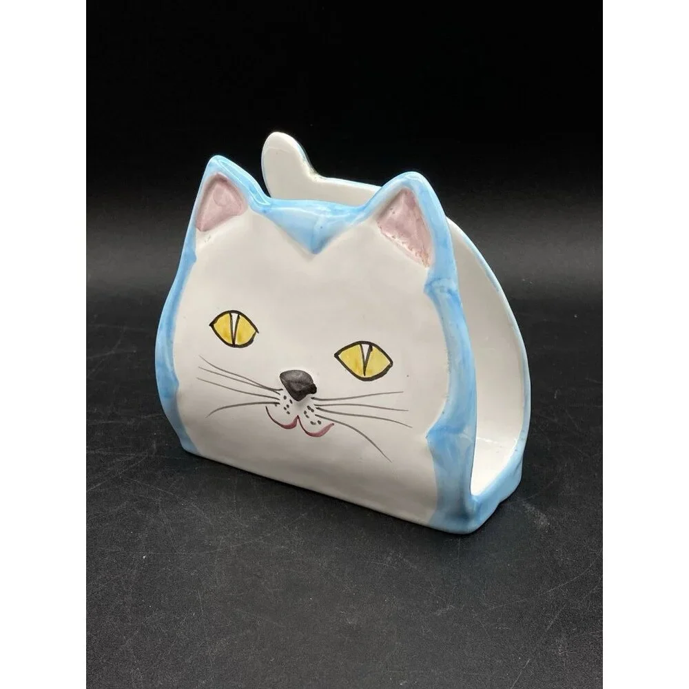 Pier 1 Italy Art Pottery Ceramic Cat Napkin Holder Whimsical Kitsch Vintage